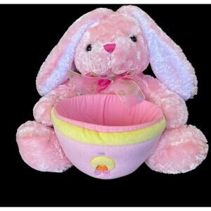 Plush Bunny Easter Basket Candy Holder Pink Round Stuffed 10" Toy READ